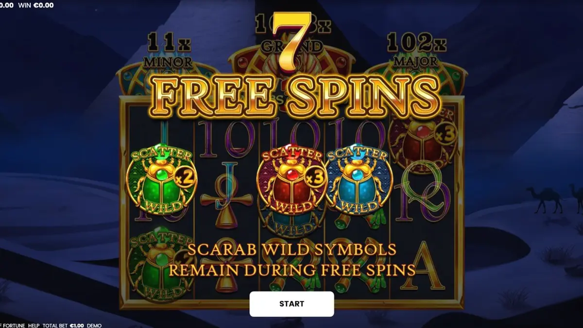 Tampilan visual slot 3 Scarabs of Fortune dengan latar belakang piramida dan simbol emas.