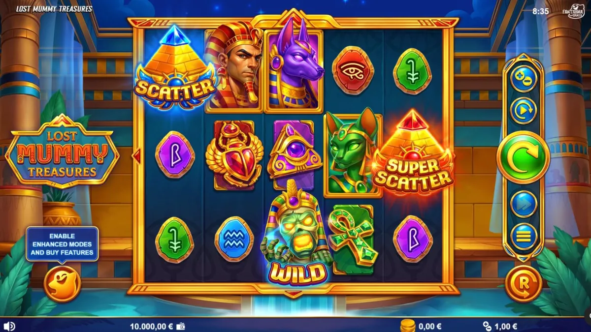 Tampilan visual slot Lost Mummy Treasures dengan simbol dewa Mesir dan kuil emas.