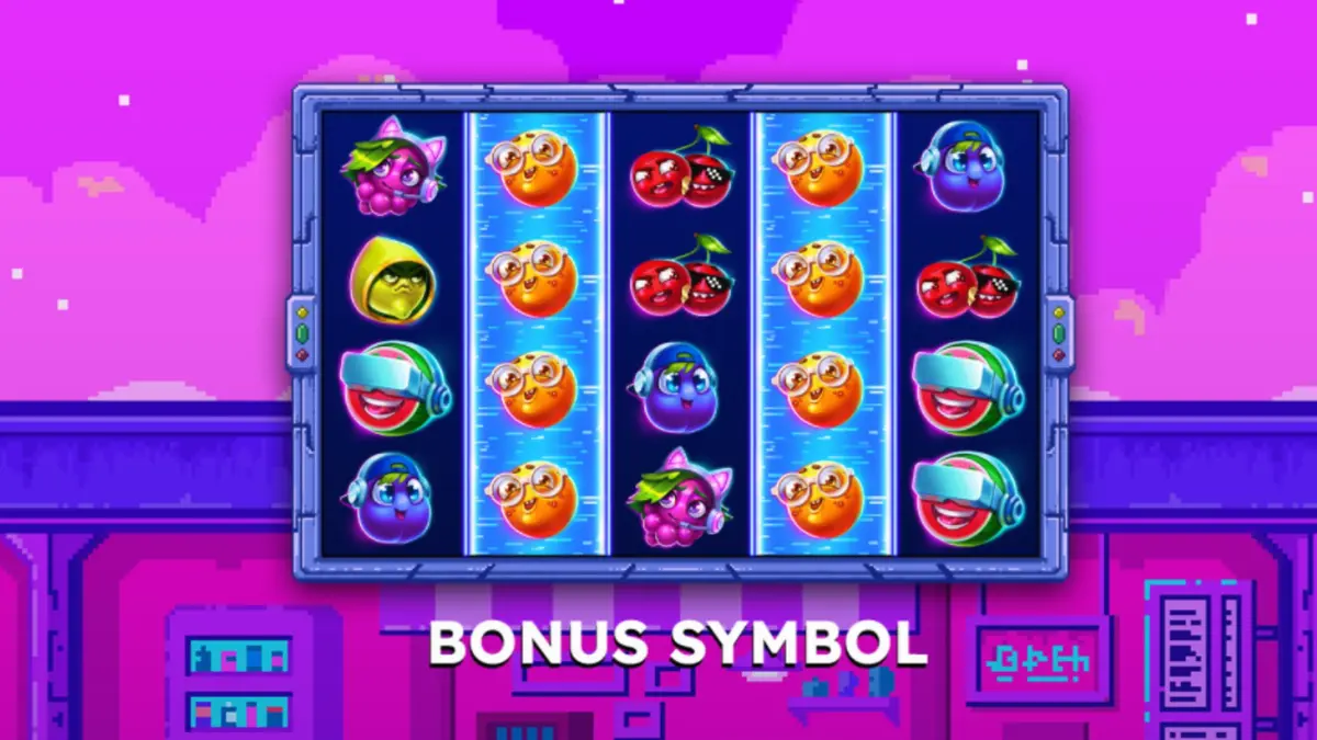 Tampilan visual retro arcade dari slot Frooty Troupe – Game On!